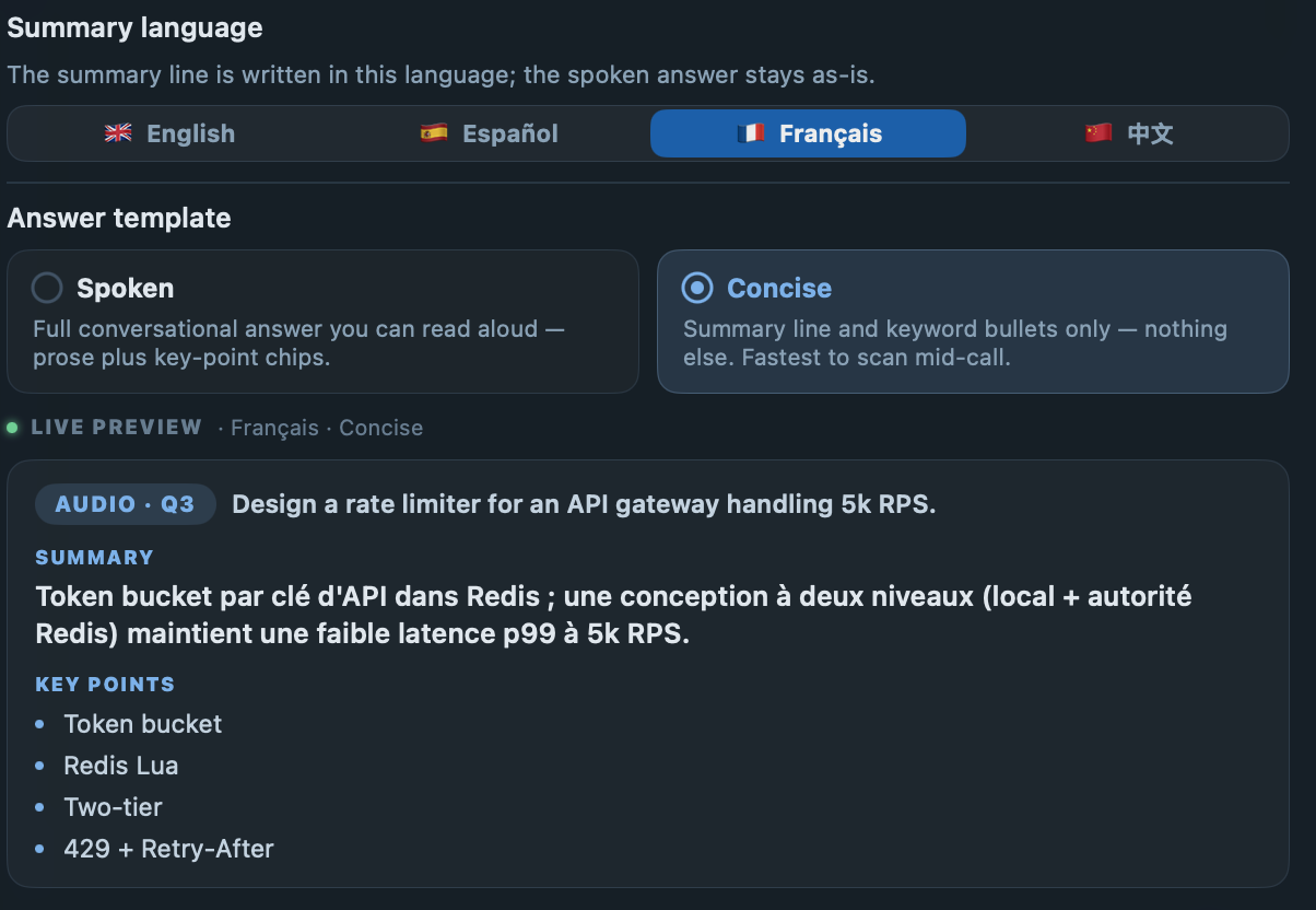 Response settings: Spoken vs Concise answer templates and the summary-language picker, with a live concise preview in French
