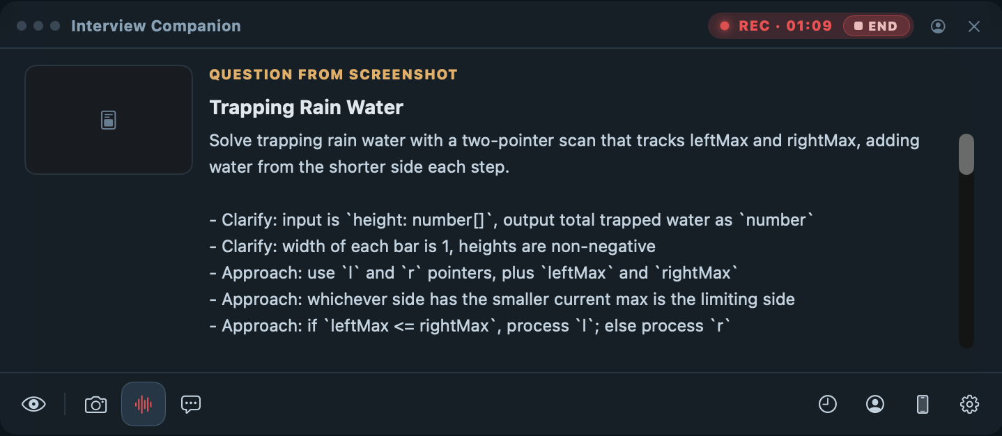 Coding answer structured as summary, clarifying questions, approach, and code