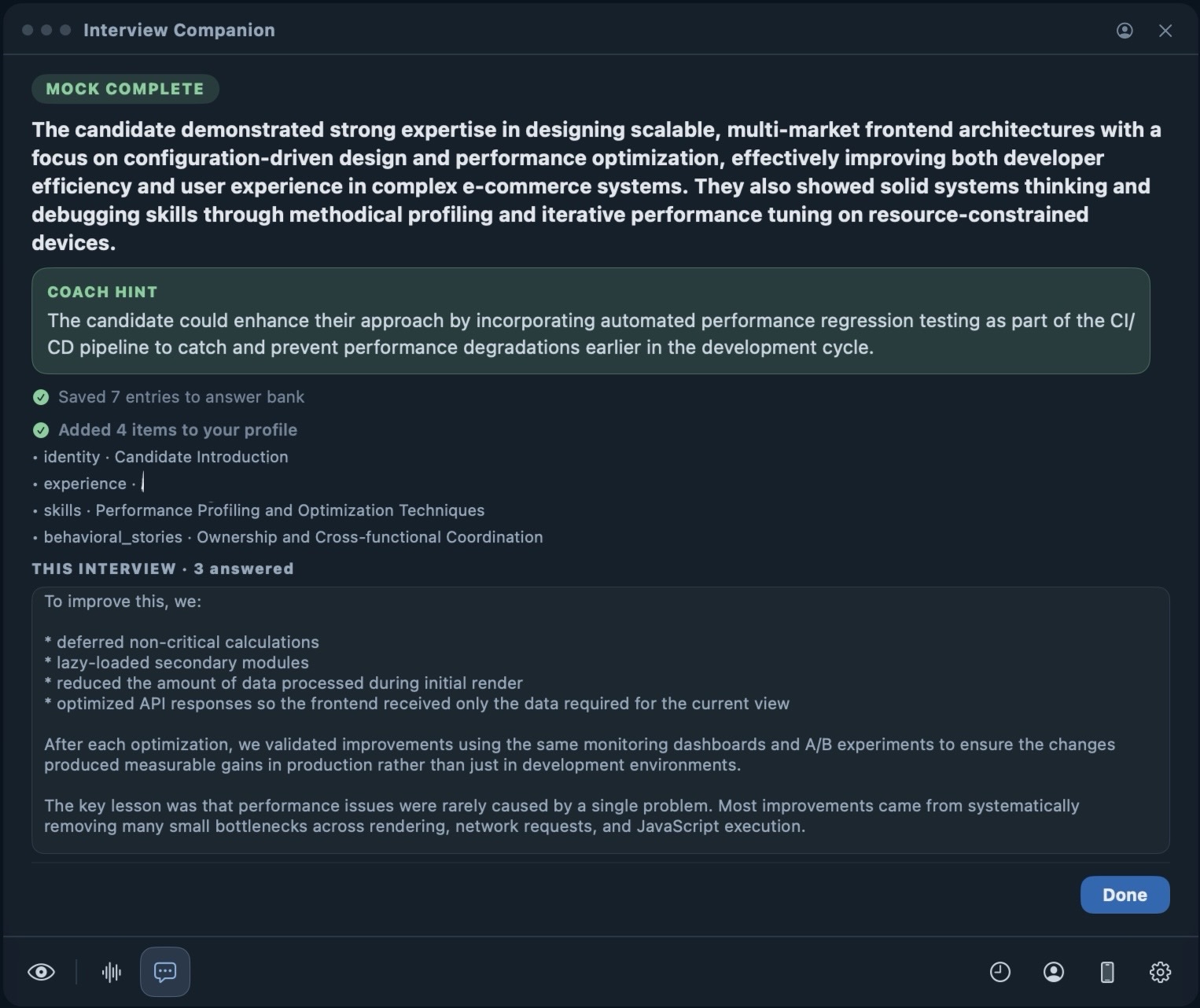 interviewco.ai mock interview on iPhone: question, recorded answer, and per-answer coaching feedback