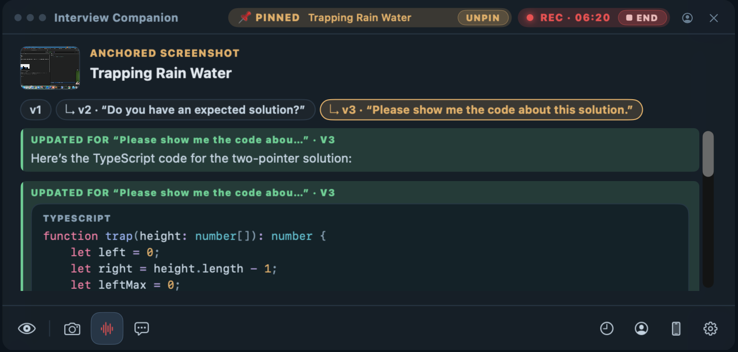 interviewco.ai overlay during a live session: the interviewer's question transcribed, with a streaming answer below