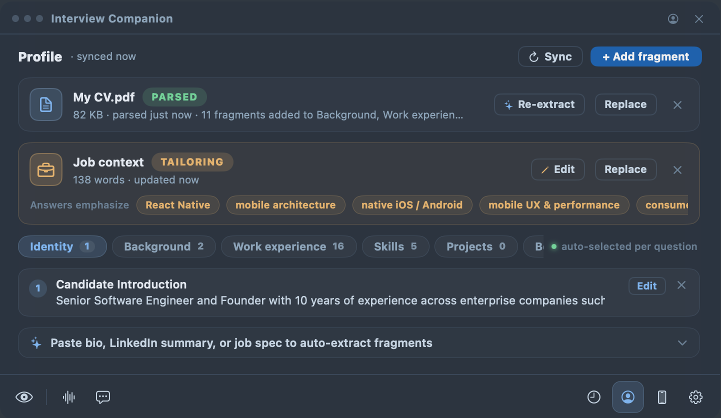 interviewco.ai profile editor: resume upload and job context extracted into editable profile fragments